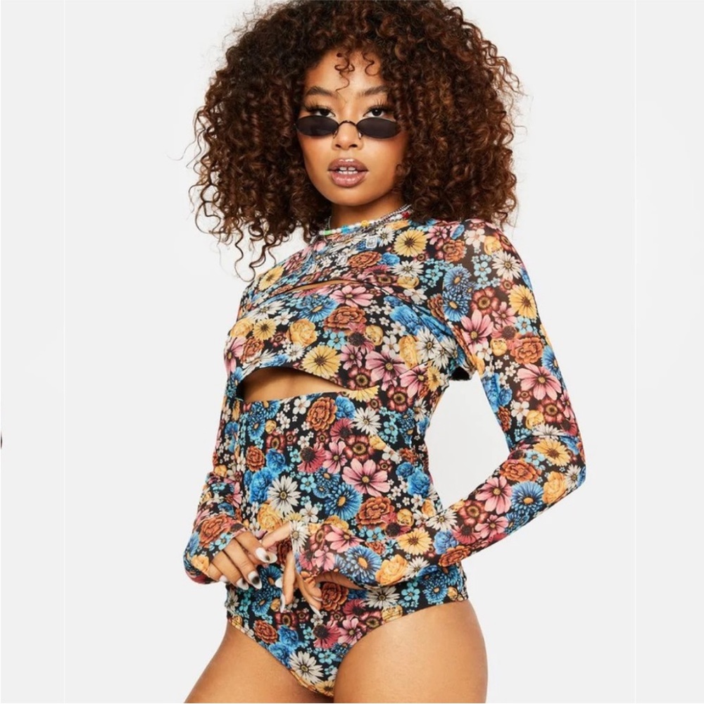 AFRM Floral Long Sleeve Cutout Thong Bodysuit - The Yale Bodysuit